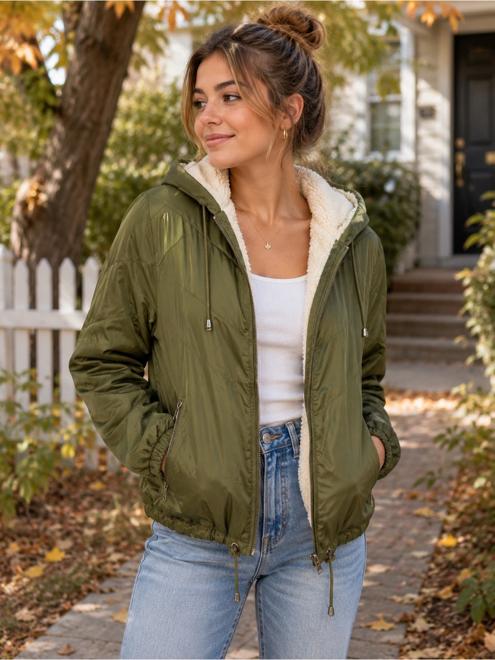 dELiA’s Olive Green Hooded Utility Jacket Faux Sherpa Lined Satin Zip Up Size M